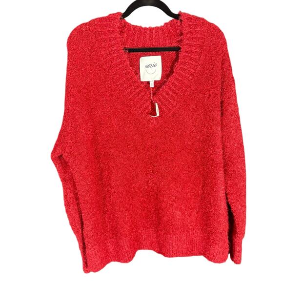 NWT Aerie Red Fuzzy V Neck Oversized Sweater Women’s Medium - Picture 2 of 5